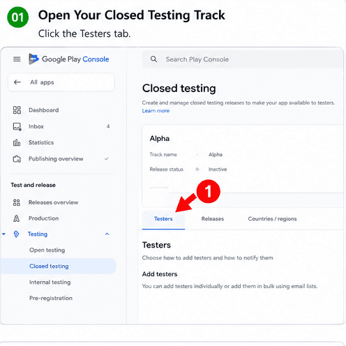 Closed testing track with Testers, Releases, and Countries tabs