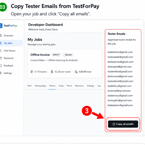 TestForPay: Tester Emails card with 'Copy all emails' button