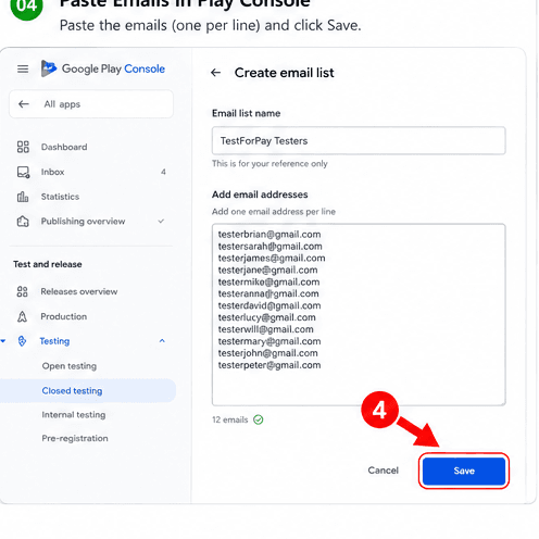 Pasting emails into the Play Console email list field