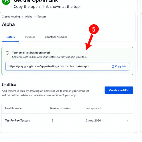 Opt-in URL shown at the top of the Testers tab after saving