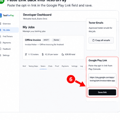 TestForPay: Job sidebar showing the Google Play Link field